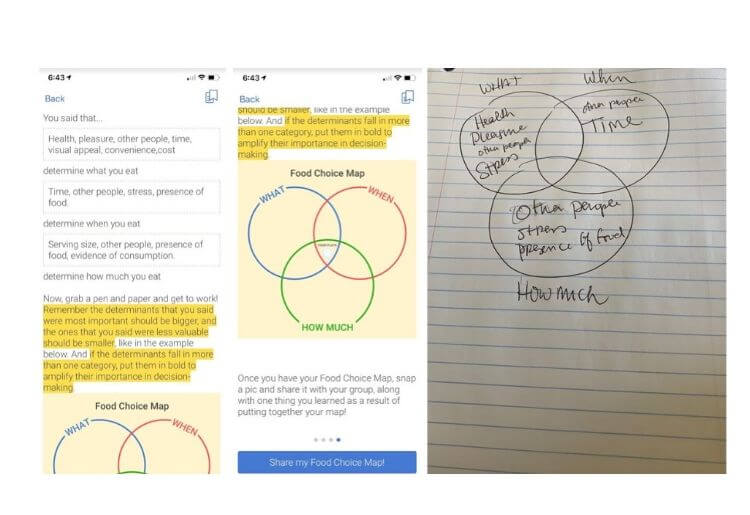 Noom screenshots that represent the food map process